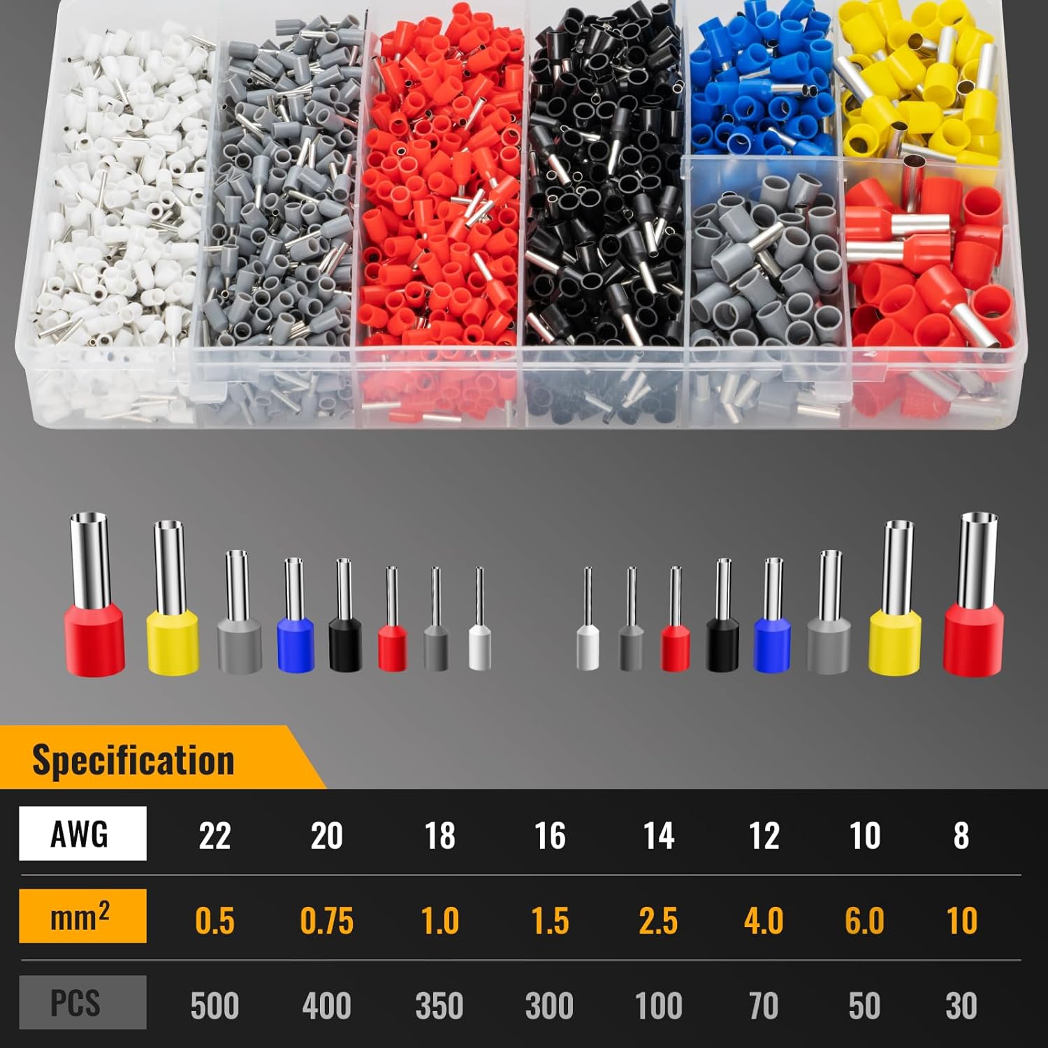 Ferrule Crimping Tool Kit with 1800PCS Wire Ferrules, Self-Adjusting Ratchet Crimper, 4-Corner Crimping Pliers for AWG 20-8 Electrical, Automotive & DIY Wiring