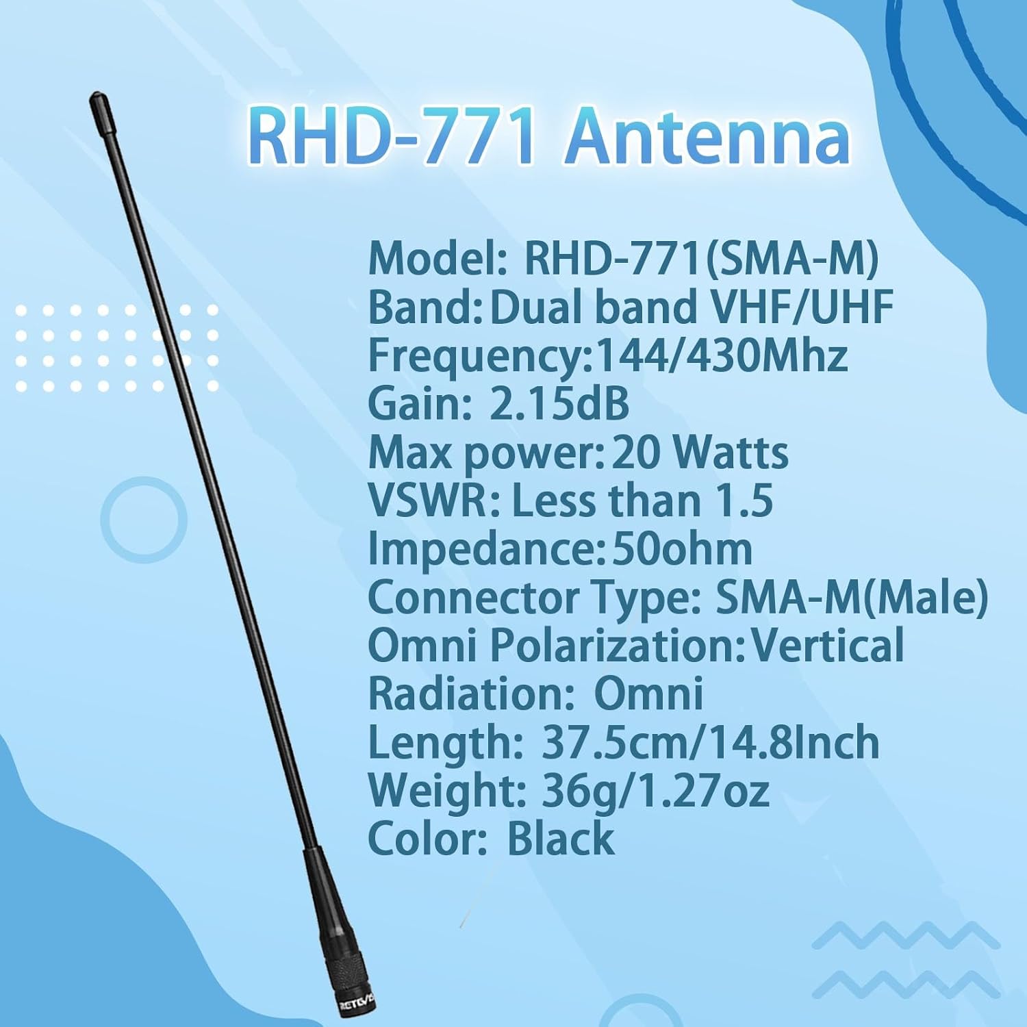Retevis SMA-M Antenna – 14.8" Dual Band Whip
