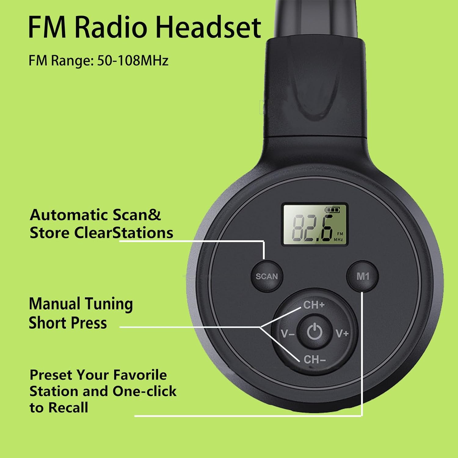 Rechargeable FM Radio Headphones with Soft Ear Muffs & Built-In Receiver