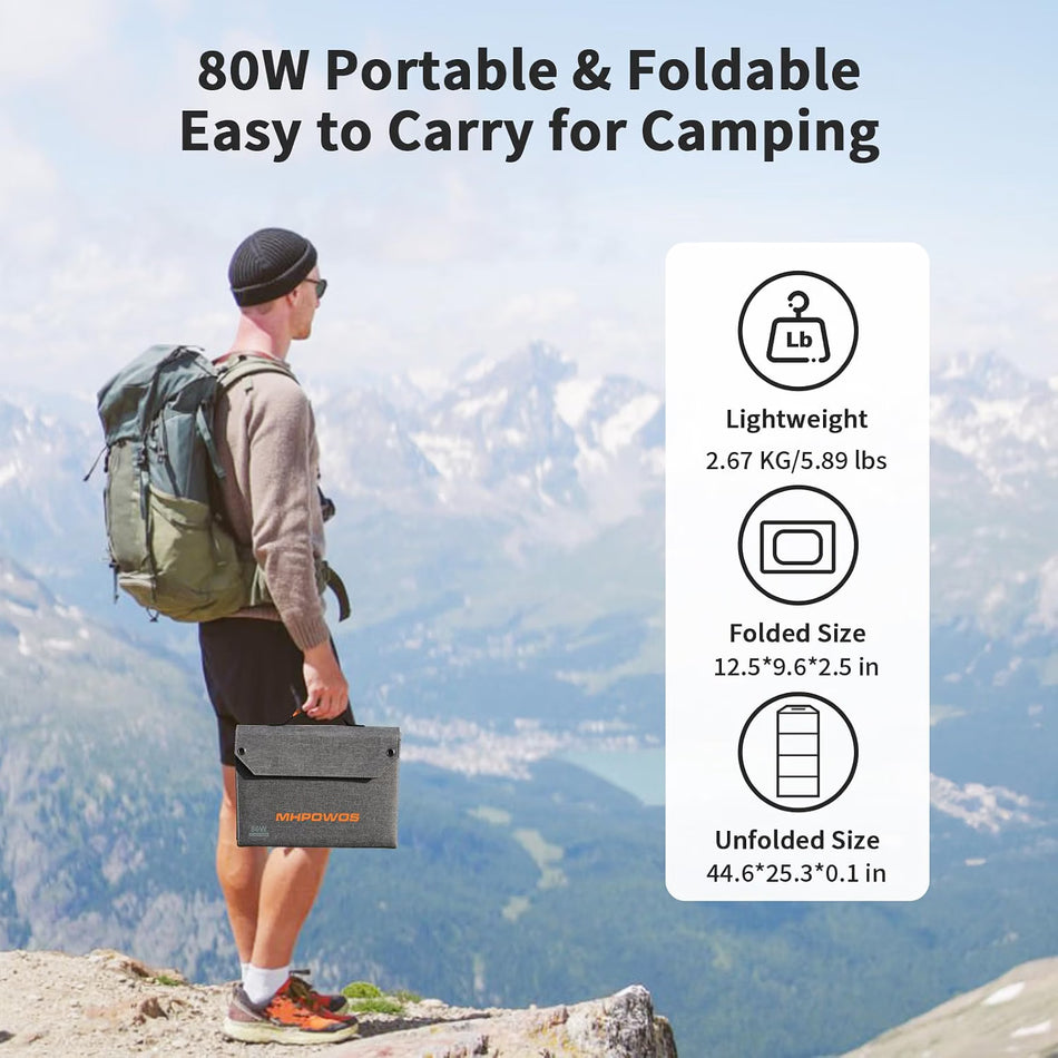 80W Foldable Portable Solar Panel Charger with USB-C, USB-A & DC Outputs