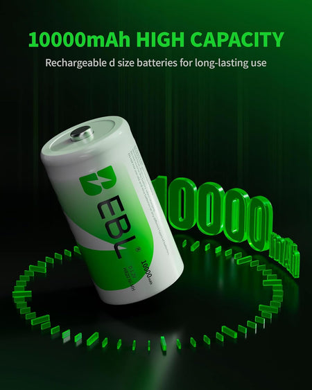 EBL D10000 Rechargeable D Batteries – 10000mAh Ni-MH (2-Pack)