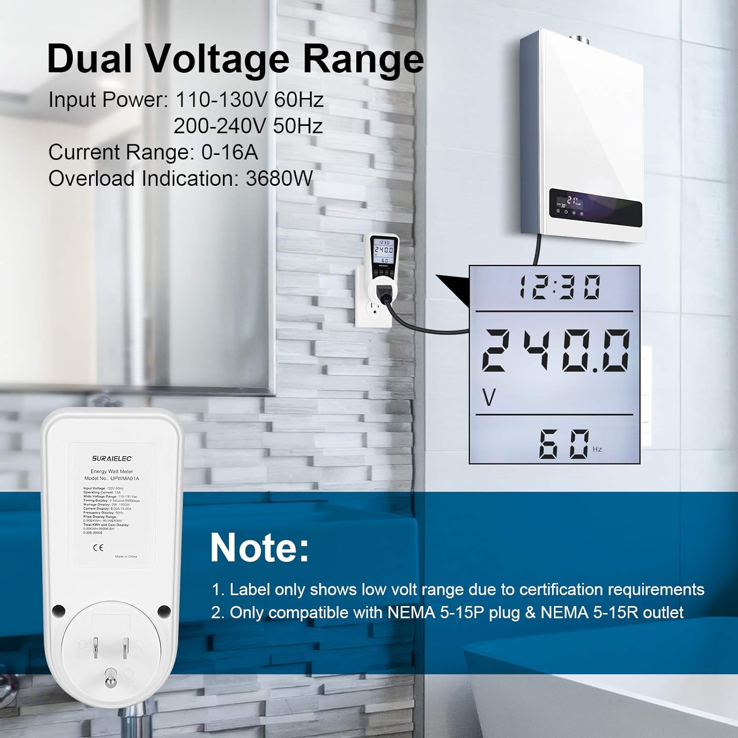 Plug-in Watt Meter Power Usage Monitor with Cost Calculator