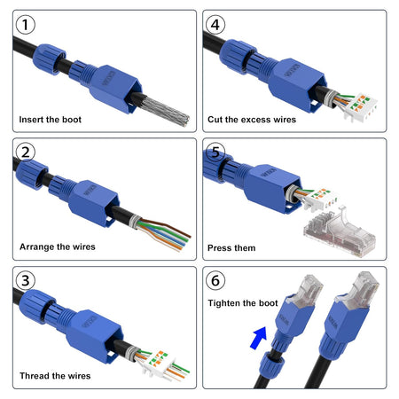 RJ45 CAT6A Tool-Free Plug – 6 Pack, Gold-Plated UTP for 23–26AWG