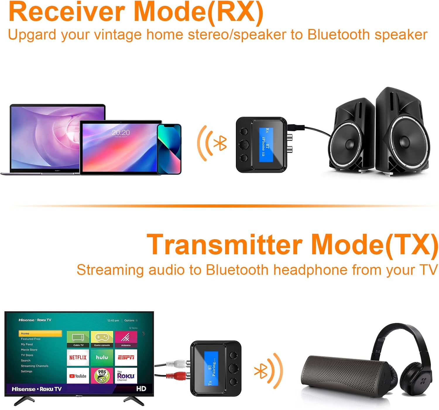 Bluetooth Transmitter Receiver – RCA, AUX, LCD, 33ft Range – TekShack