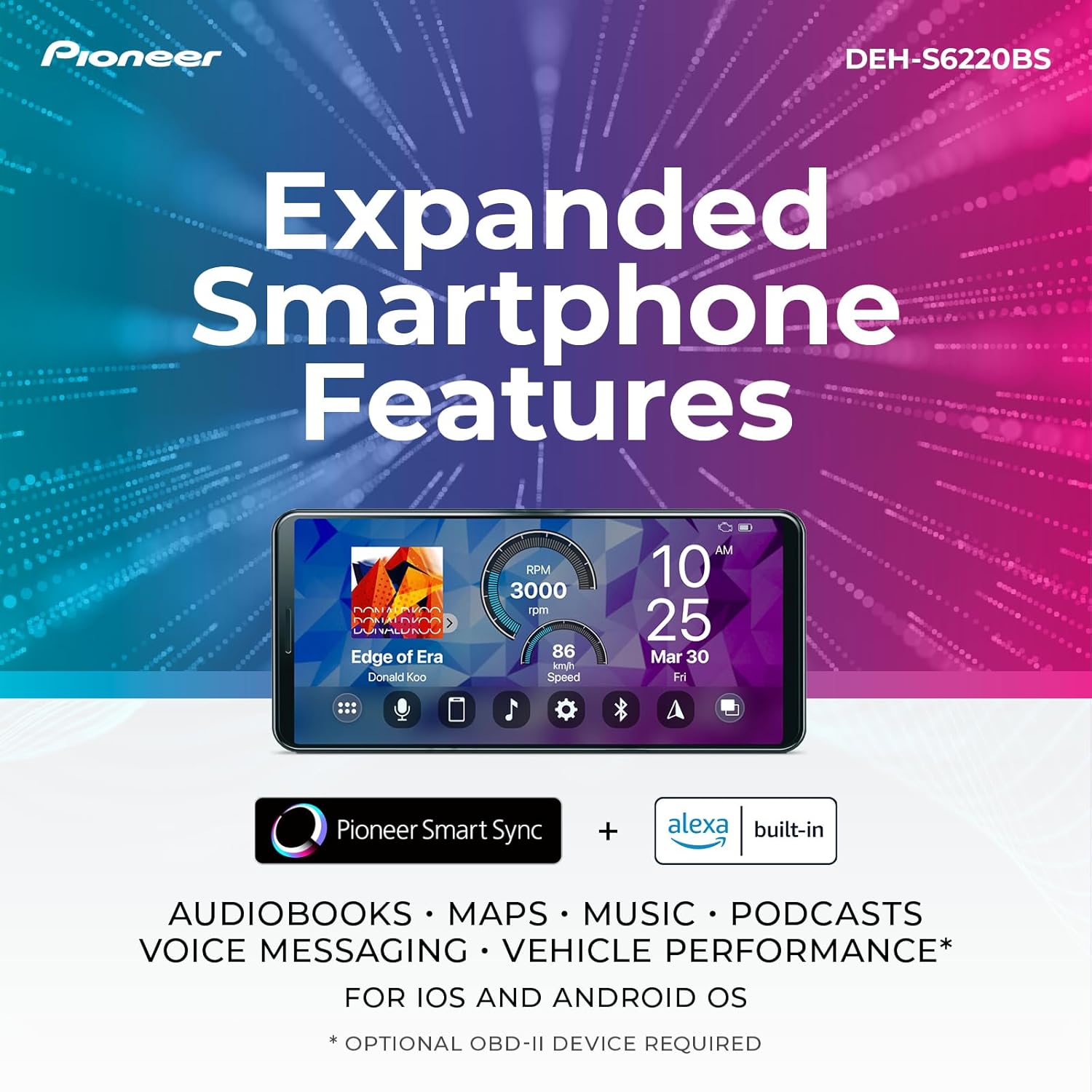 Pioneer DEH-S6220BS Single DIN CD Receiver with Bluetooth, Amazon Alexa & Detachable Faceplate