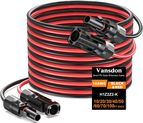 2x20FT Solar Panel Extension Cable 10AWG – Male/Female Waterproof Connectors – Red & Black Solar Cable for RV, PV Systems