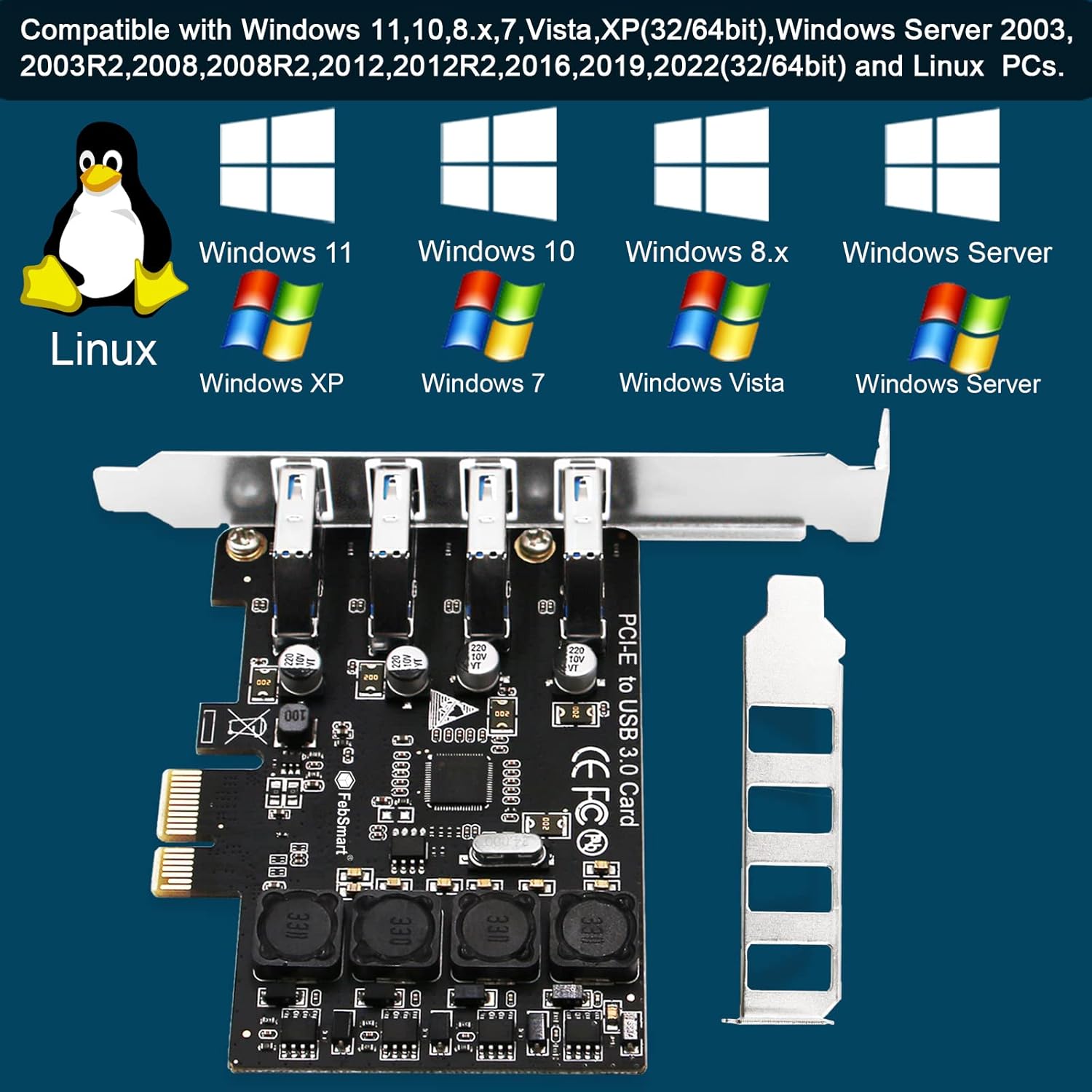 FebSmart PCIe 4-Port SuperSpeed USB 3.0 Expansion Card (FS-U4L-Pro) Black
