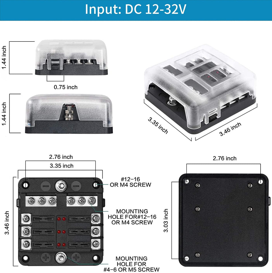 6 Way 12V Blade Fuse Block with LED Indicator & Cover