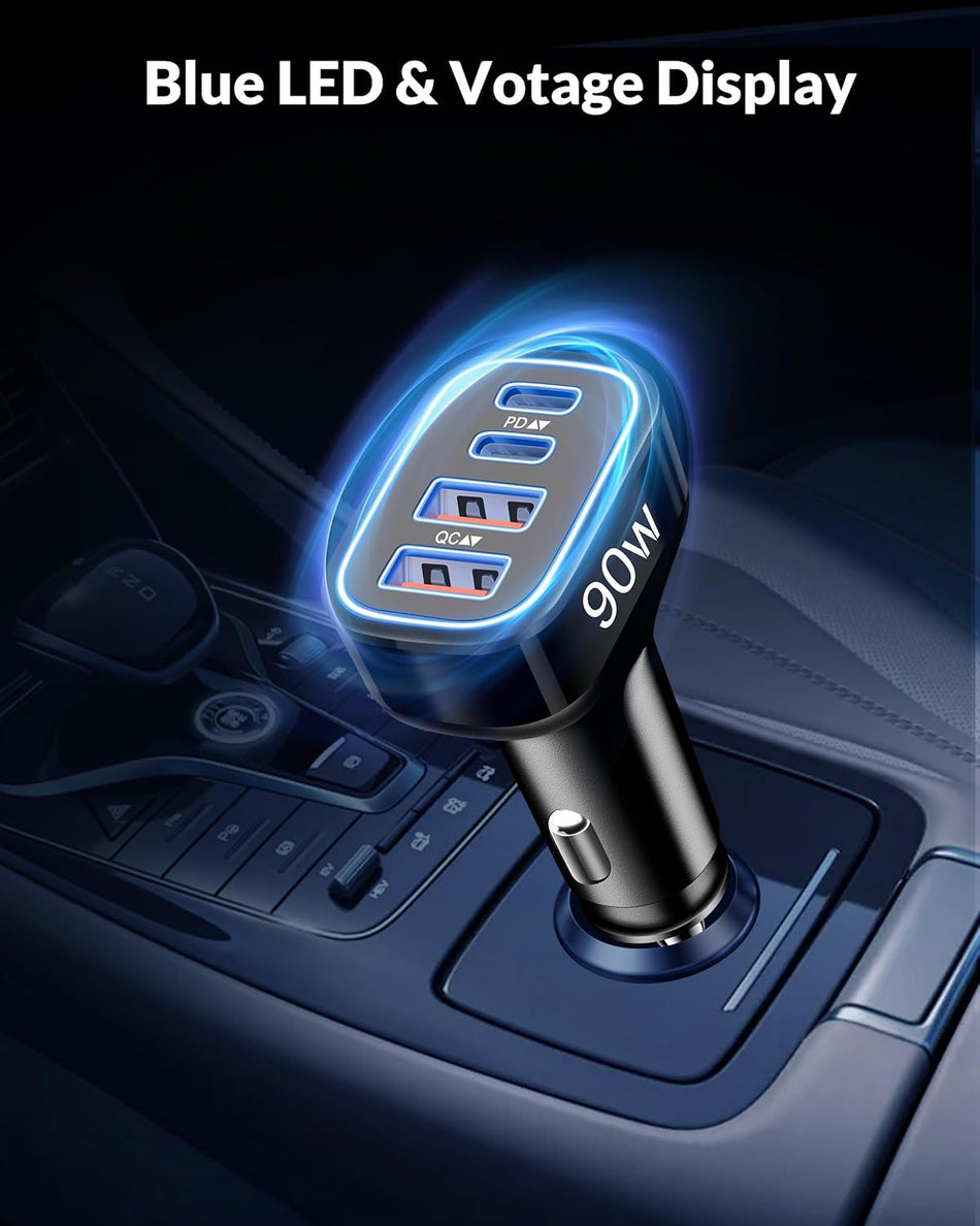 90W 4-Port USB-C & USB-A Car Charger Adapter