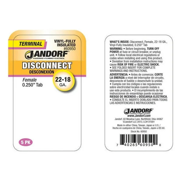 JANDORF TERMINAL DISCONNECT F 22-18 VIN FULL INS .25 TAB (5PK) 60950