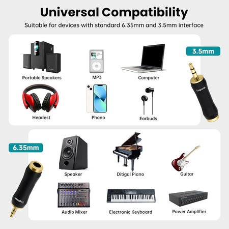 1/8" to 1/4" - 3.5mm TRS Stereo Male to 6.35mm Female Adapter – Gold-Plated