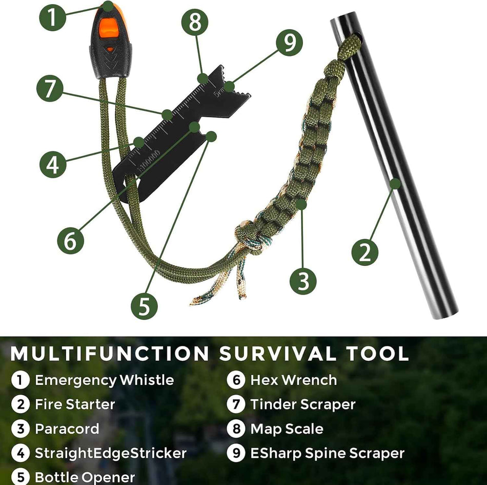 Ferro Rod Fire Starter Survival Tool Kit 6-in-1 with Paracord