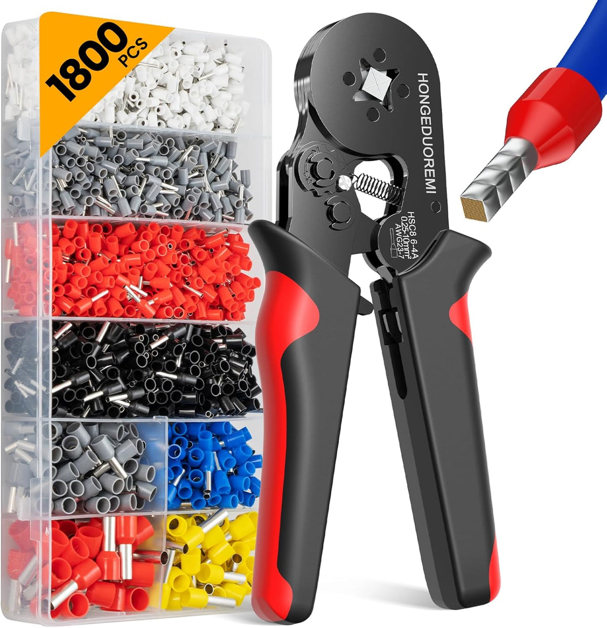 Ferrule Crimping Tool Kit with 1800PCS Wire Ferrules, Self-Adjusting Ratchet Crimper, 4-Corner Crimping Pliers for AWG 20-8 Electrical, Automotive & DIY Wiring