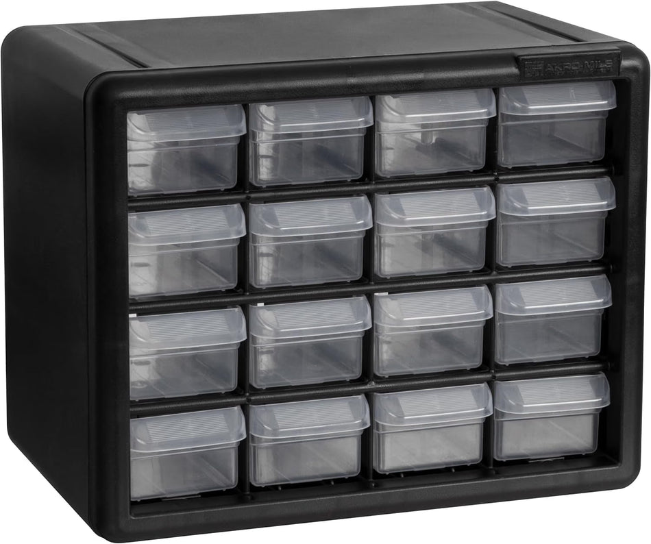 Akro-Mils 16-Drawer Plastic Storage Cabinet, 10.5"W x 6.5"D x 8.5"H, Black