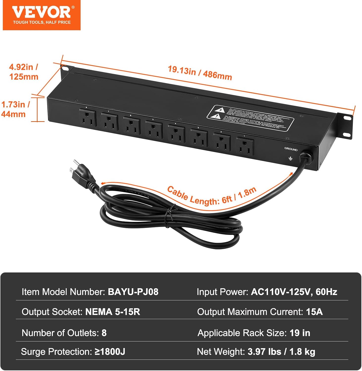 1U Rack PDU Power Strip – 8 Outlet, Surge Protected, 6ft Cord