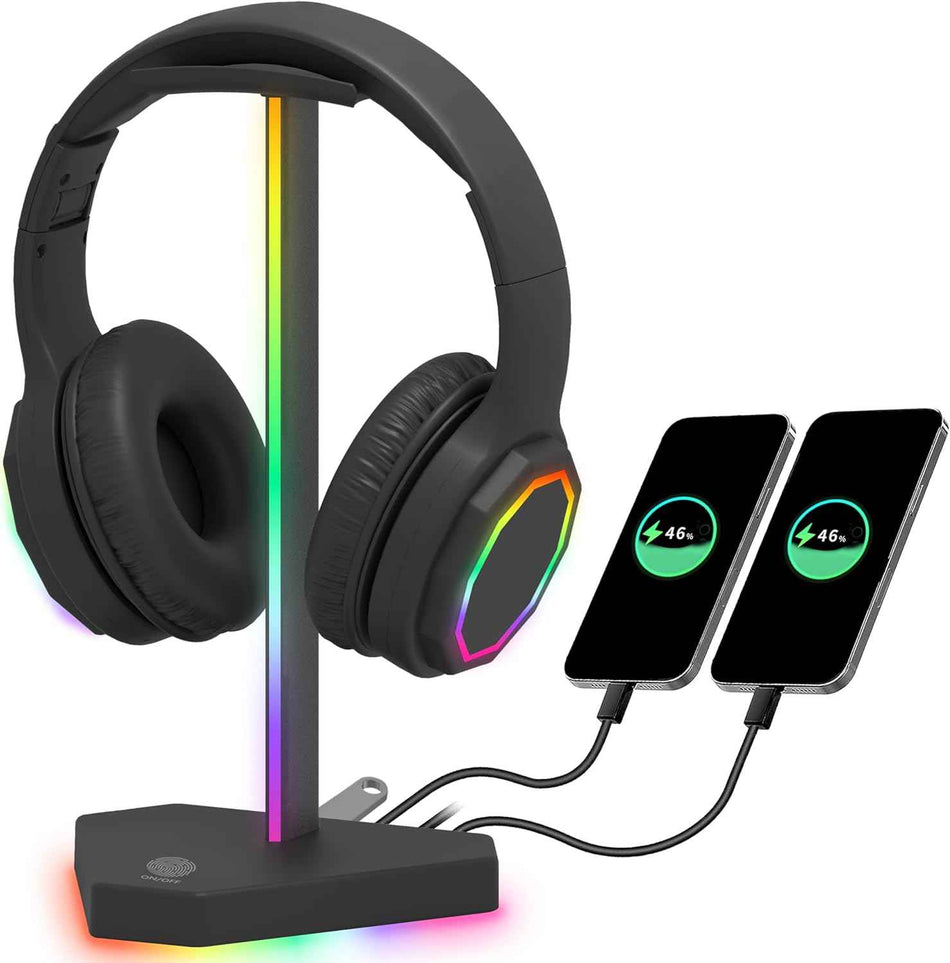 RGB Headphone Stand with USB-C Hub, 3 Charging Ports, 7 RGB Modes, Non-Slip Base, Black