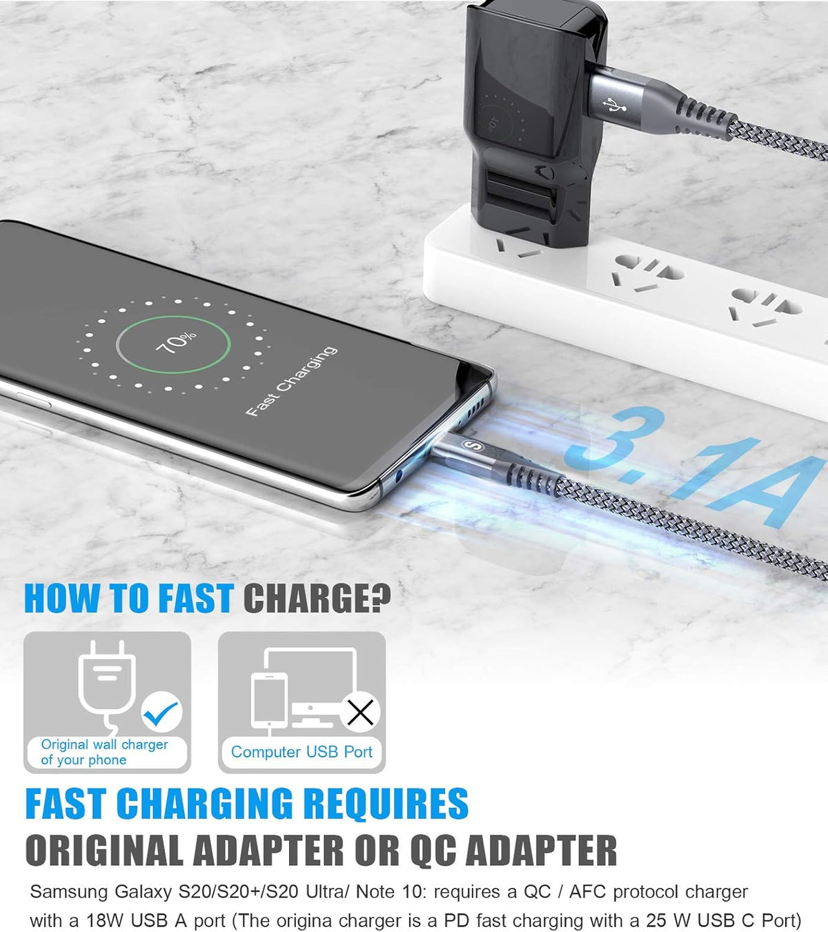 USB Type-C Charger Cable 10ft 3.1A Fast Charging & Sync