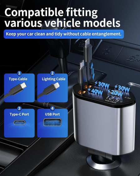 Retractable Car Charger – 4-in-1 USB-C & USB-A, Fast Charging, 180° Swivel