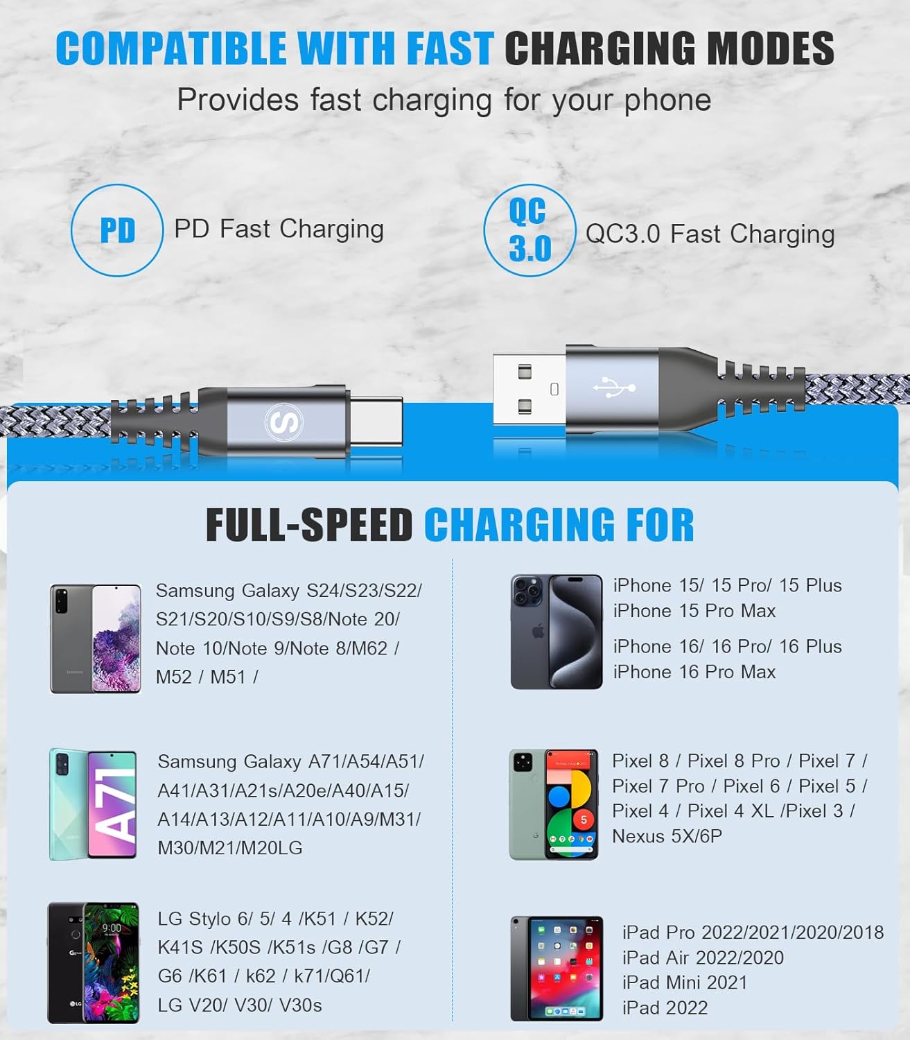 USB Type-C Charger Cable 10ft 3.1A Fast Charging & Sync