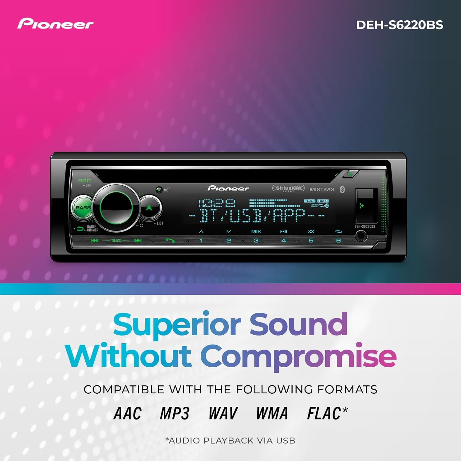 Pioneer DEH-S6220BS Single DIN CD Receiver with Bluetooth, Amazon Alexa & Detachable Faceplate