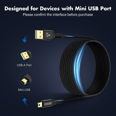 Mini USB Cable – 6.6ft, Nylon Braided, Gold-Plated, 480Mbps