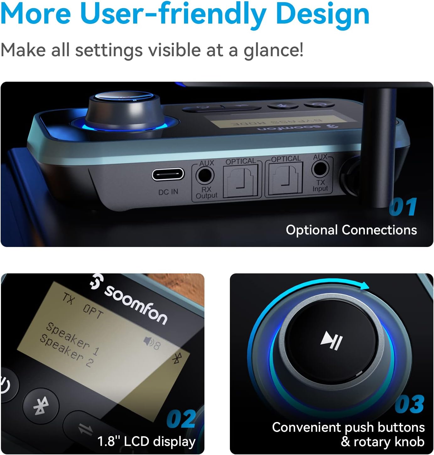 Bluetooth Transmitter – Dual Headphones, RCA/AUX/Optical, LCD