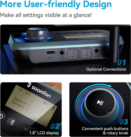 Bluetooth Transmitter – Dual Headphones, RCA/AUX/Optical, LCD