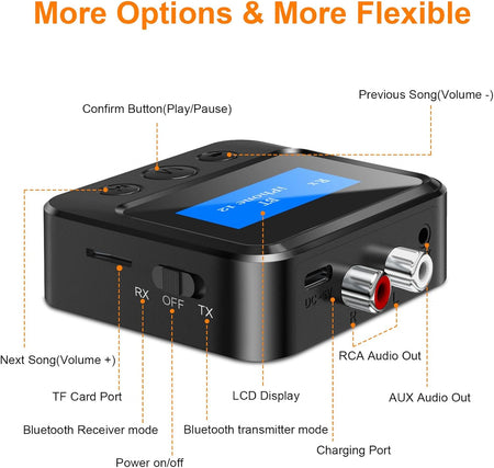 Bluetooth Transmitter Receiver – RCA, AUX, LCD, 33ft Range