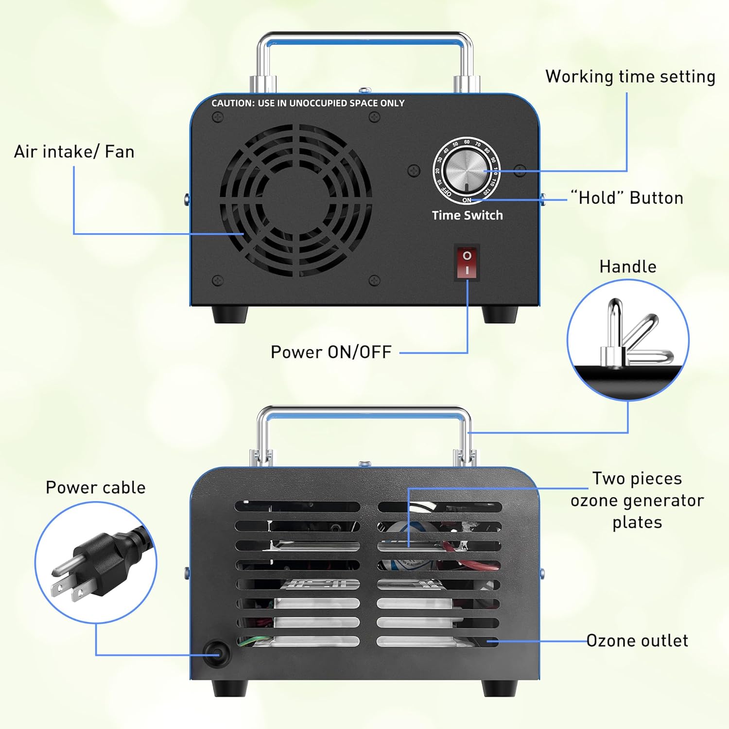 Commercial Ozone Generator – 45,000mg/h High-Capacity Industrial Air Purifier (Blue)
