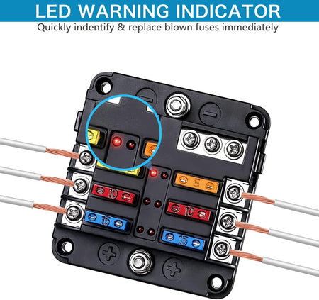 6 Way 12V Blade Fuse Block with LED Indicator & Cover
