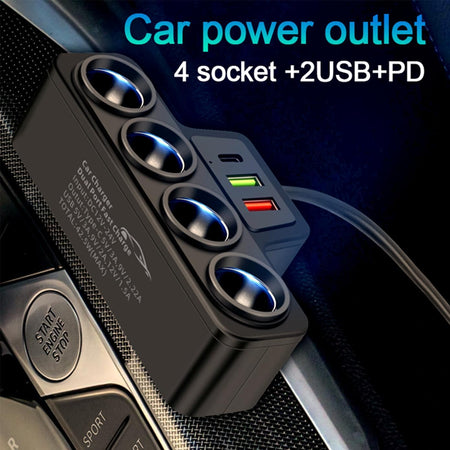 Multi-Function Car Charger Splitter – 4 Sockets, USB & PD Fast Charge