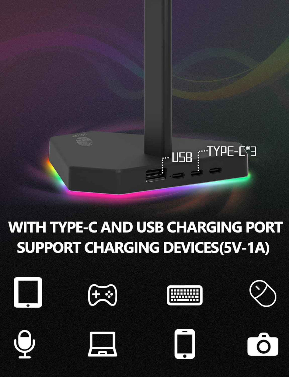 RGB Headphone Stand with USB-C Hub, 3 Charging Ports, 7 RGB Modes, Non-Slip Base, Black