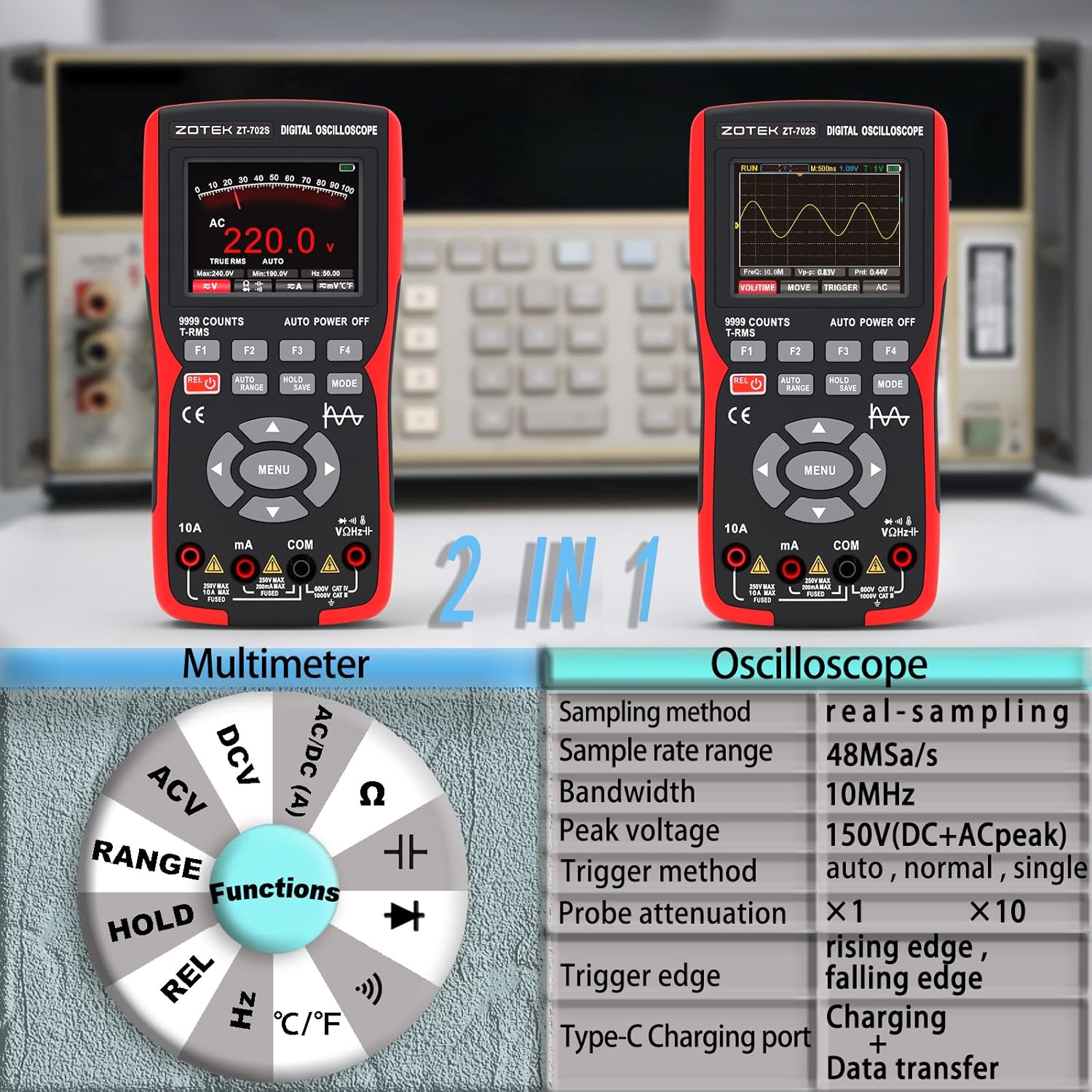 2-in-1 Oscilloscope Multimeter – 10MHz Bandwidth, – TekShack