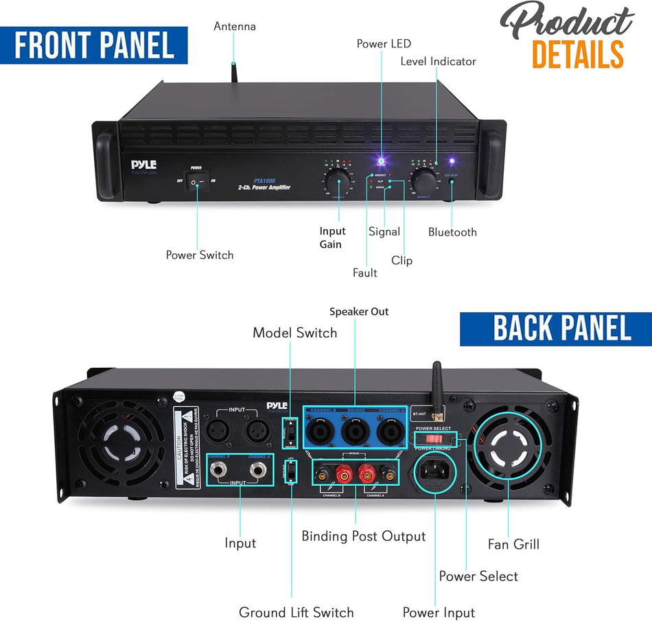 Pyle 1000W Peak 2-Channel Pro Amplifier with Bluetooth