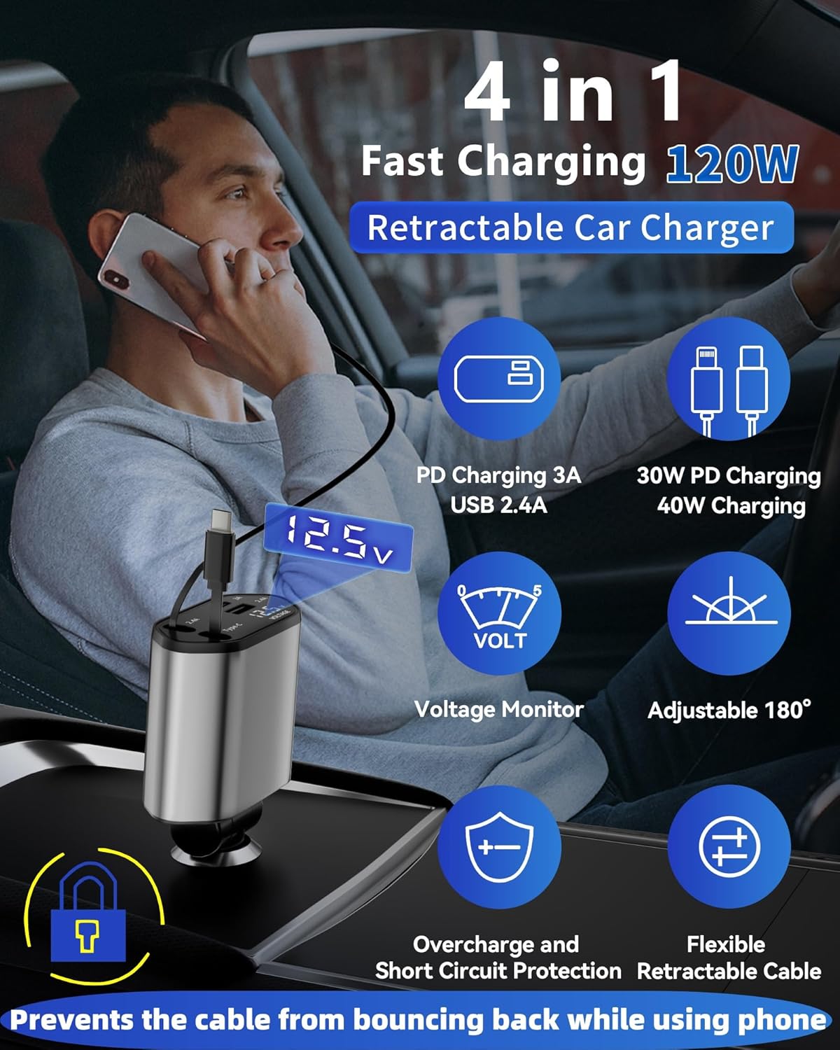 Retractable Car Charger – 4-in-1 USB-C & USB-A, Fast Charging, 180° Swivel