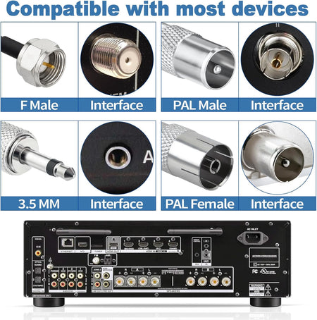 FM Radio Dipole Antenna – 75 Ohm Adhesive Mount with 10ft Cable & Universal Adapter Kit