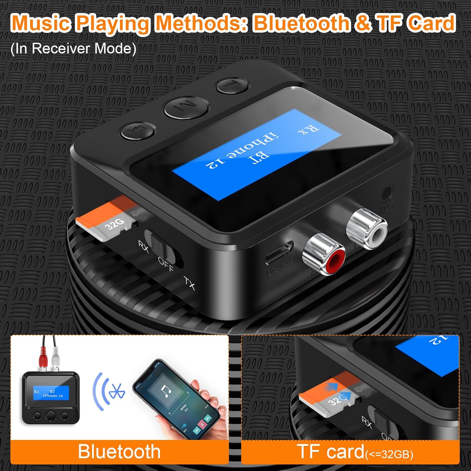 Bluetooth Transmitter Receiver – RCA, AUX, LCD, 33ft Range – TekShack