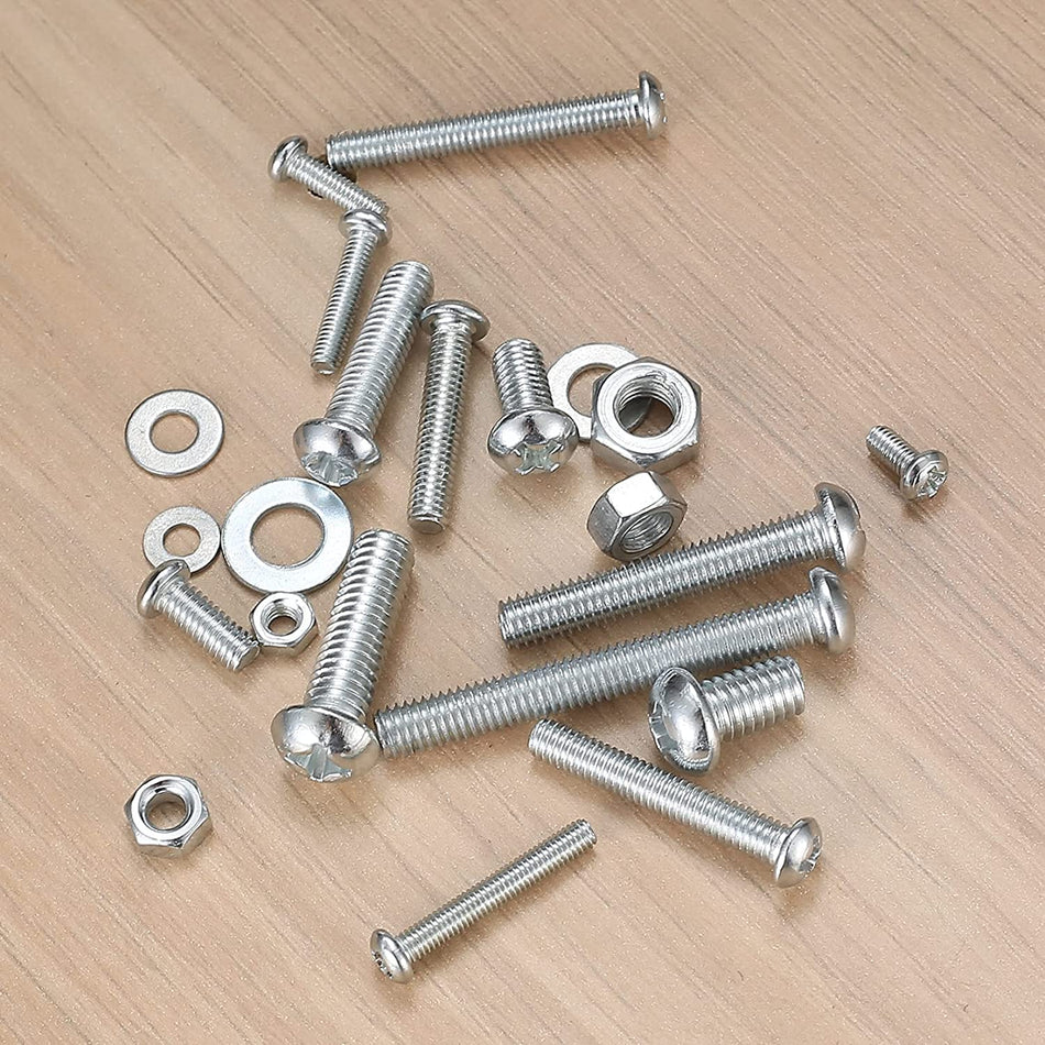 Metric Bolt Assortment with Nuts and Flat Washers, M3/M4/M5/M6 Cross Slotted Round Head Machine Screws