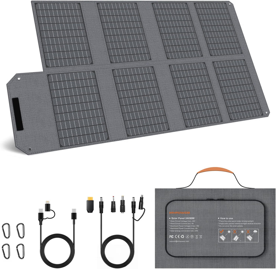 80W Foldable Portable Solar Panel Charger with USB-C, USB-A & DC Outputs