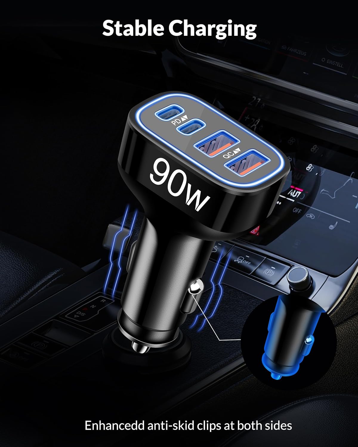 90W 4-Port USB-C & USB-A Car Charger Adapter