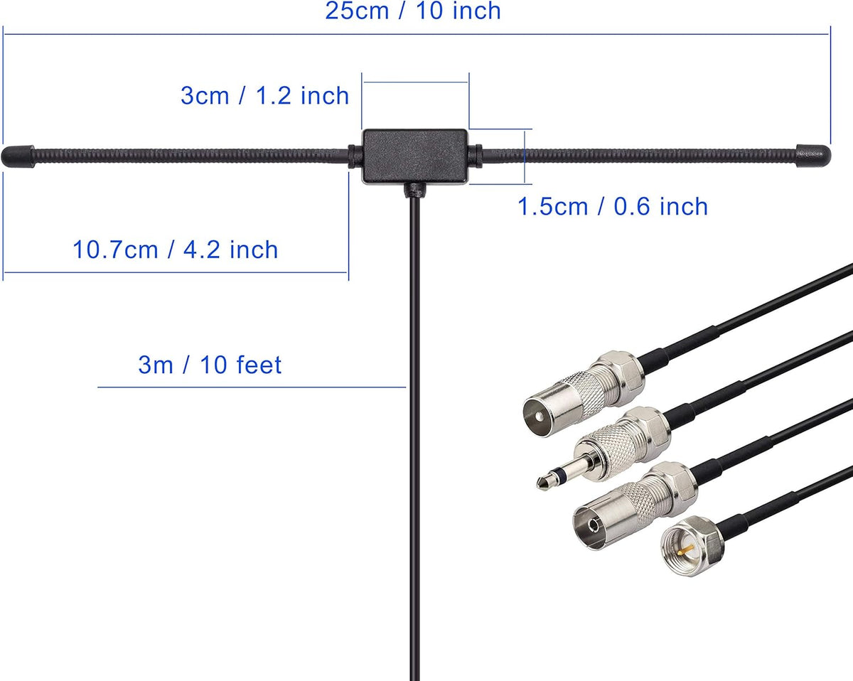 FM Radio Dipole Antenna – 75 Ohm Adhesive Mount with 10ft Cable & Universal Adapter Kit