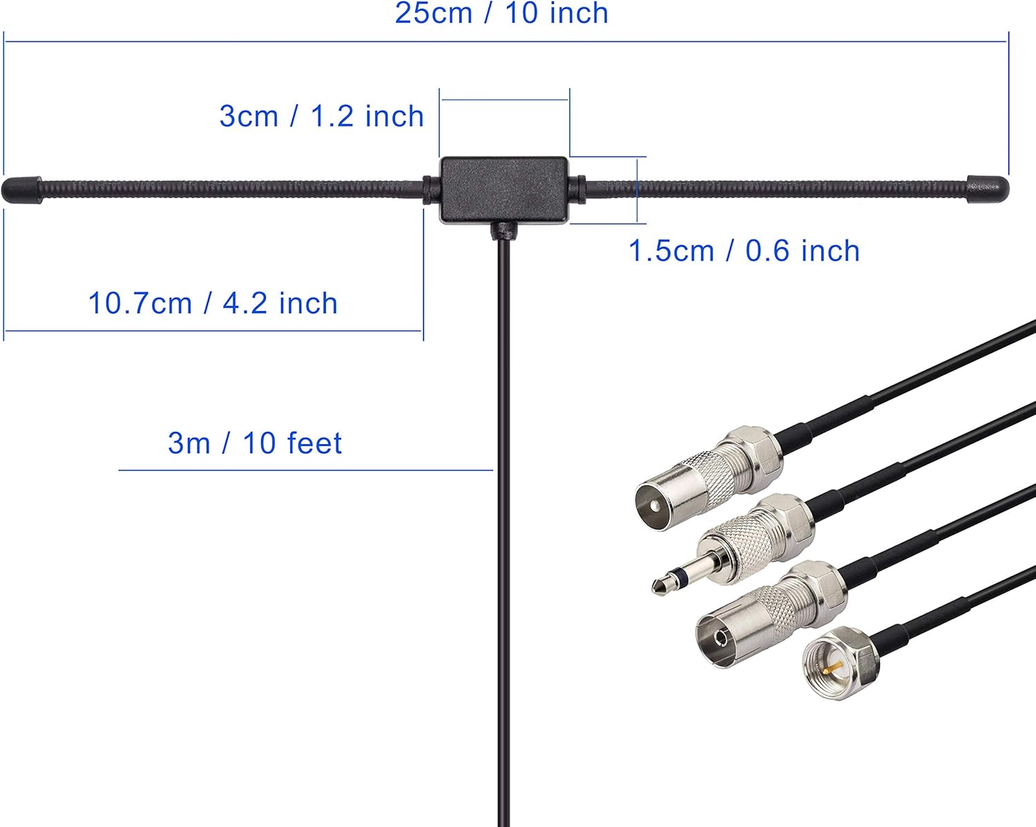 FM Radio Dipole Antenna – 75 Ohm Adhesive Mount with 10ft Cable & Universal Adapter Kit