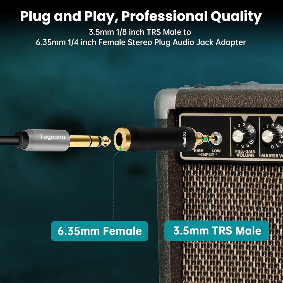 1/8" to 1/4" - 3.5mm TRS Stereo Male to 6.35mm Female Adapter – Gold-Plated