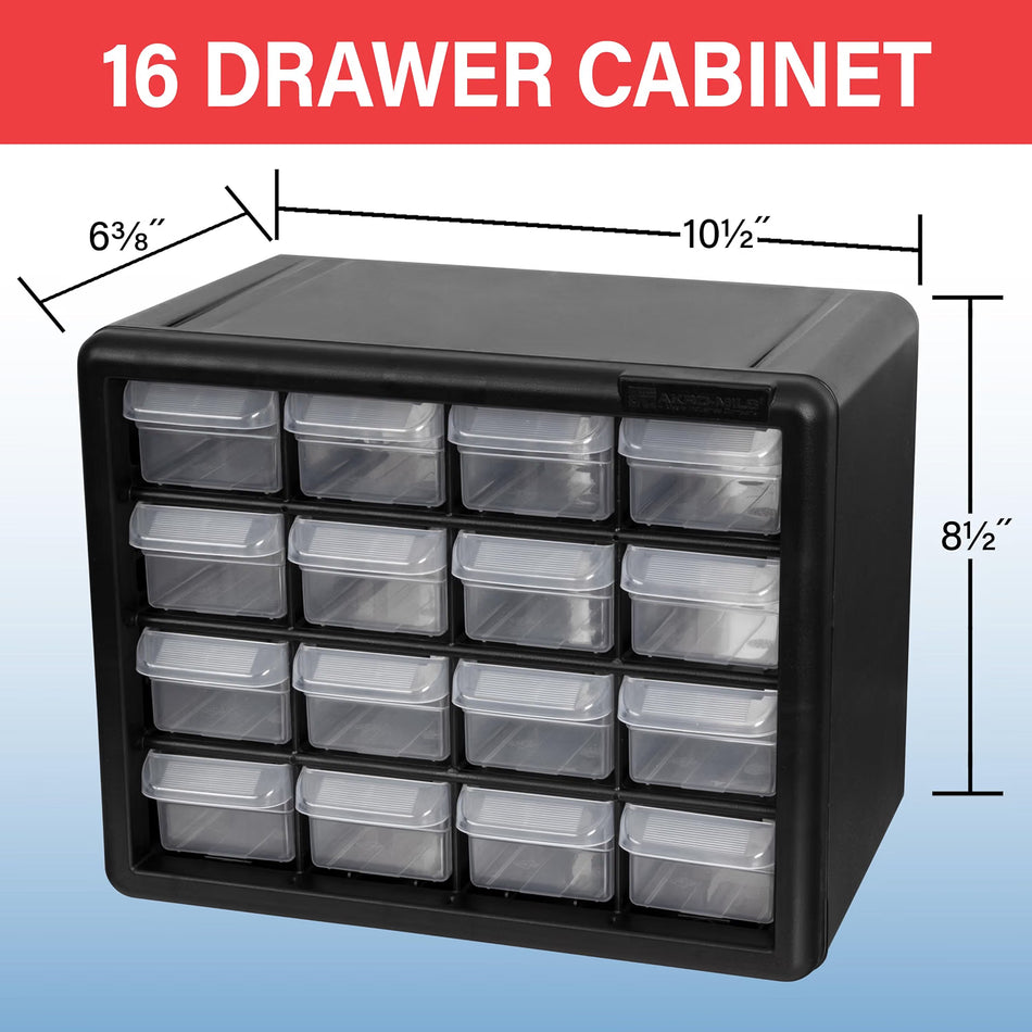Akro-Mils 16-Drawer Plastic Storage Cabinet, 10.5"W x 6.5"D x 8.5"H, Black