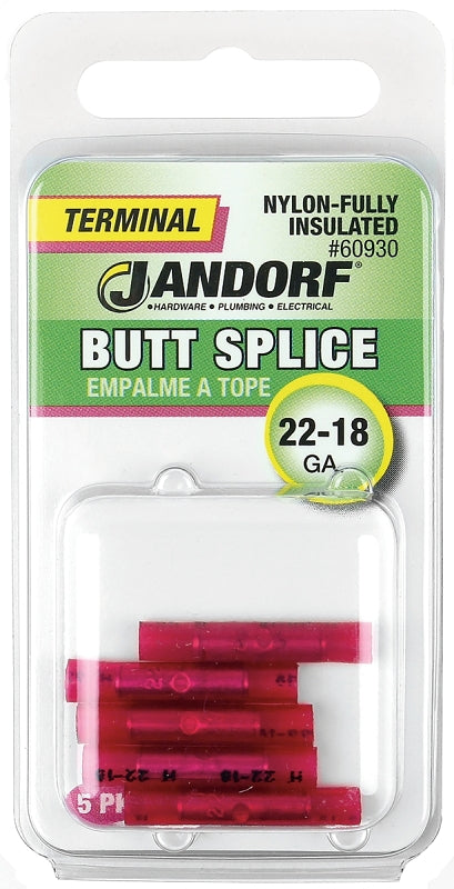 Butt Splice Connector, 22 to 18 AWG Wire, Nylon Insulation, Copper Contact, Red #60930