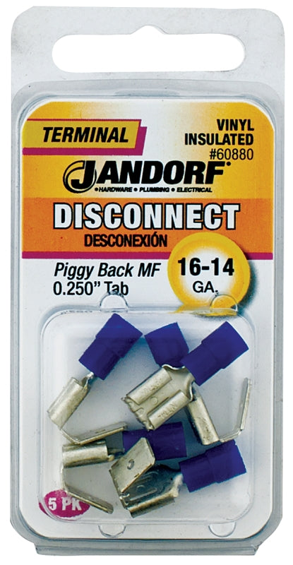 Disconnect Terminal, 16 to 14 AWG Wire, Vinyl Insulation, Copper Contact, Blue, 5/PK #60880