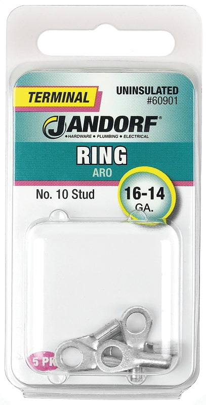 Jandorf Ring Terminal, 16 to 14 AWG Wire, #10 Stud, Copper Contact #60901
