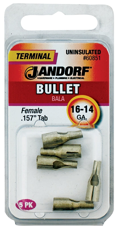 Jandorf Bullet Terminal, 600 V, 16 to 14 AWG Wire, Copper Contact, Tin, 5/PK #60851