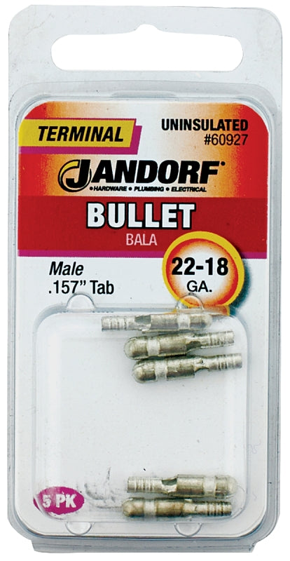 Jandorf Bullet Terminal, 600 V, 22 to 18 AWG Wire, Copper Contact, 5/PK #60927