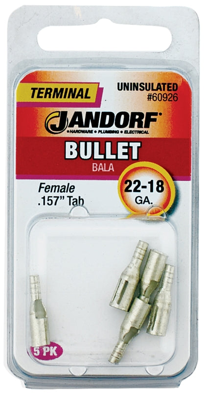 Jandorf Bullet Terminal, 600 V, 22 to 18 AWG Wire, Copper Contact, Tin, 5/PK #60926